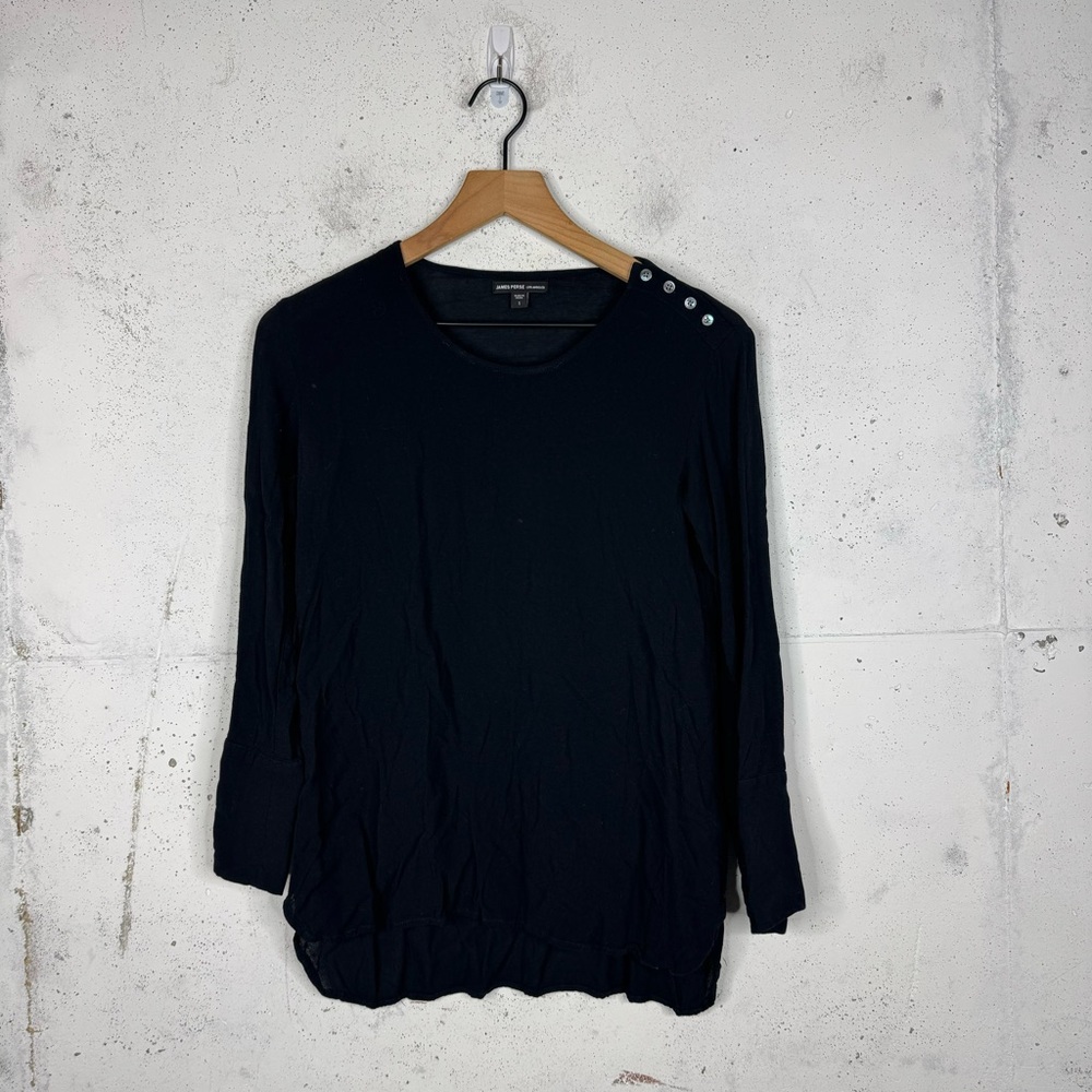 James Perse Button Shoulder Black Long Sleeves Crepe Like Top 1